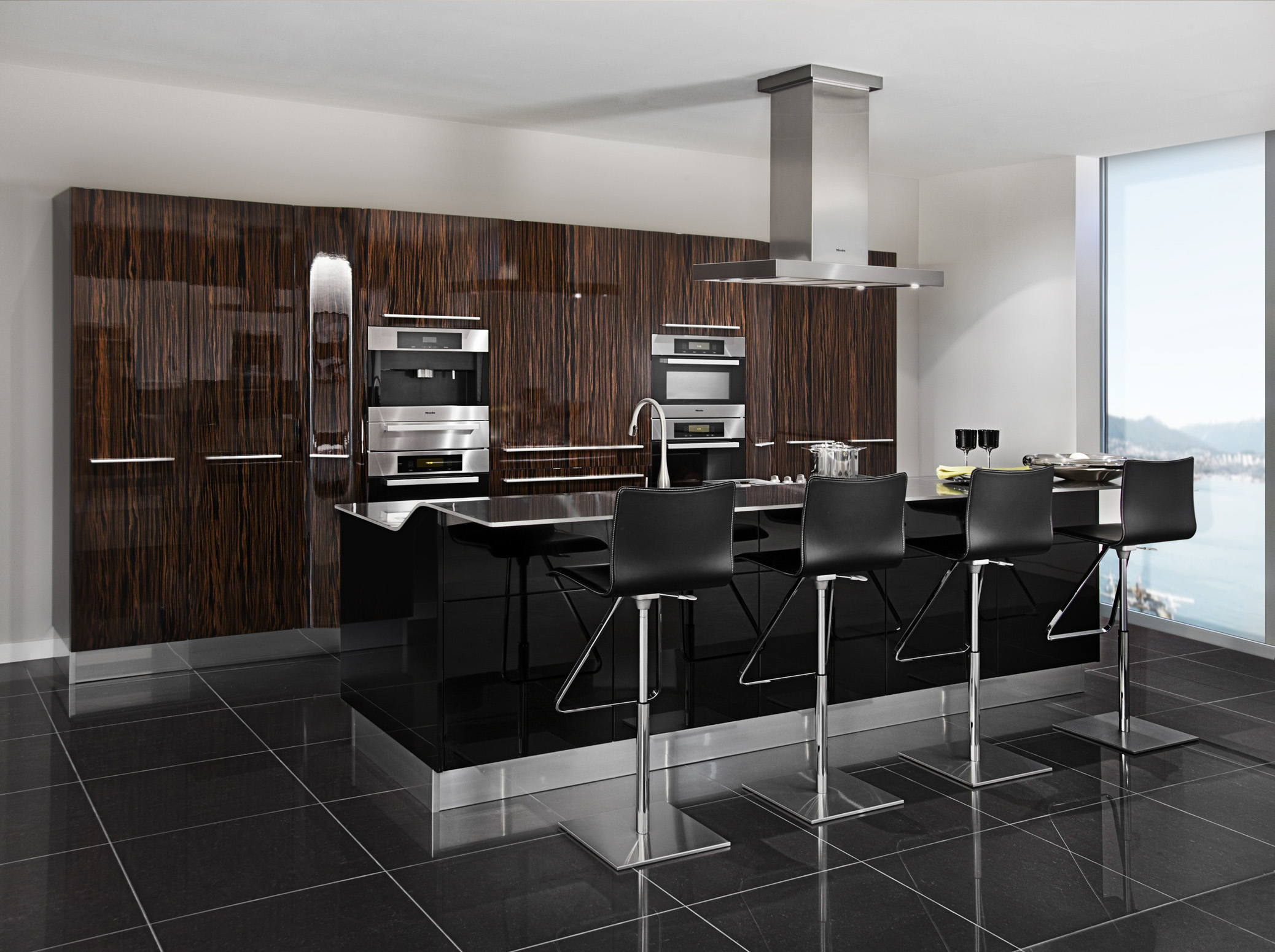 3D RENDERING of Modern Kitchen with Kitchen Island with Bar Stools